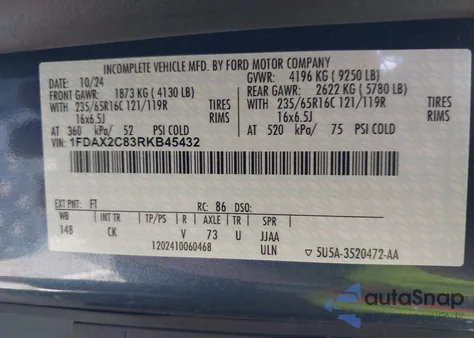 2024 Ford Transit-350 Passenger Van Xl z USA, uszkodzony, nr VIN 1FDAX2C83RKB45432